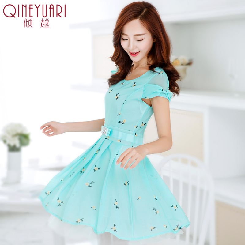 碎花短袖雪紡連衣裙2017夏季淑女修身收腰中長款時尚印花連衣裙子