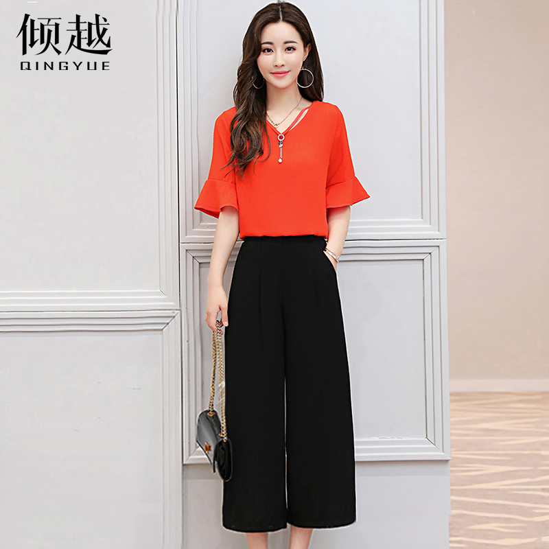 傾越闊腿褲套裝女2017夏季新款時尚潮雪紡兩件套修身小香風職業裝