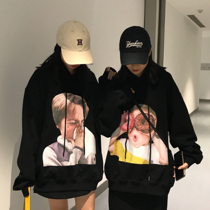 秋冬韓版2018新款寬松慵懶風上衣搞怪小孩人頭長袖套頭加絨衛衣女