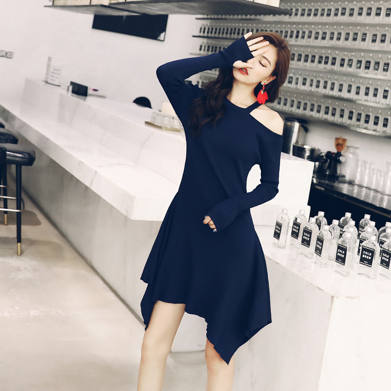 名媛氣質針織毛衣連衣裙女2018秋季新款中長款露肩長袖不規則裙子