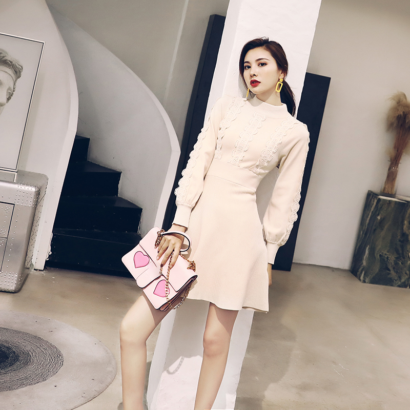 甜美氣質2018秋女裝裙新款針織半高領長袖氣質收腰純色高腰連衣裙