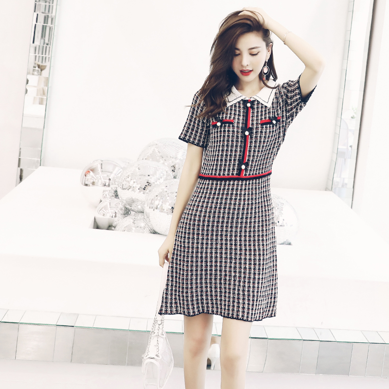2018女夏新款名媛聚會針織收腰polo裙子港味復古中長款chic連衣裙