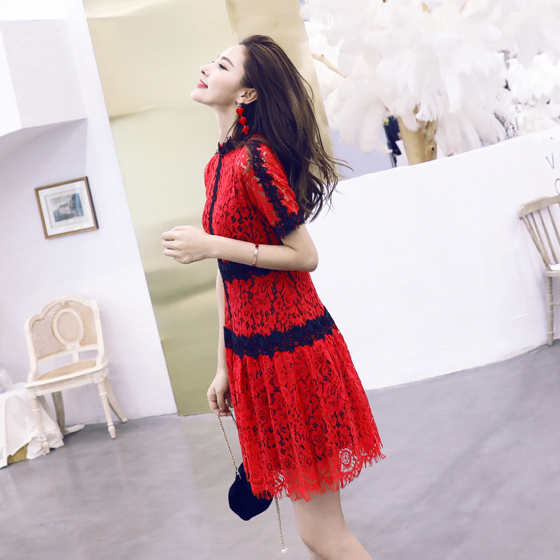 溫柔風2018夏裝新款半高領短袖仙氣蕾絲修身連衣裙中長款歐洲站潮