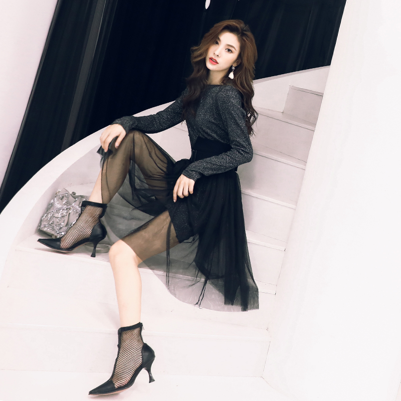 歐洲站2018新款女裝秋季港味網紅慵懶風溫柔超仙網紗裙子兩件套裝