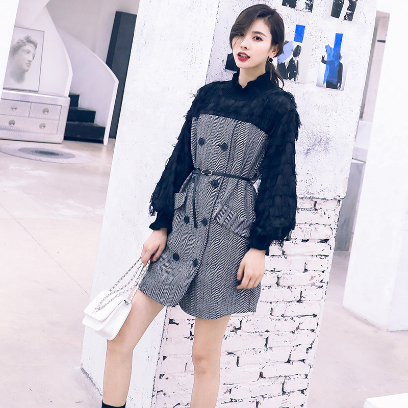連衣裙女2018秋冬款長袖a字裙港味初戀復古拼接中長款條紋打底裙