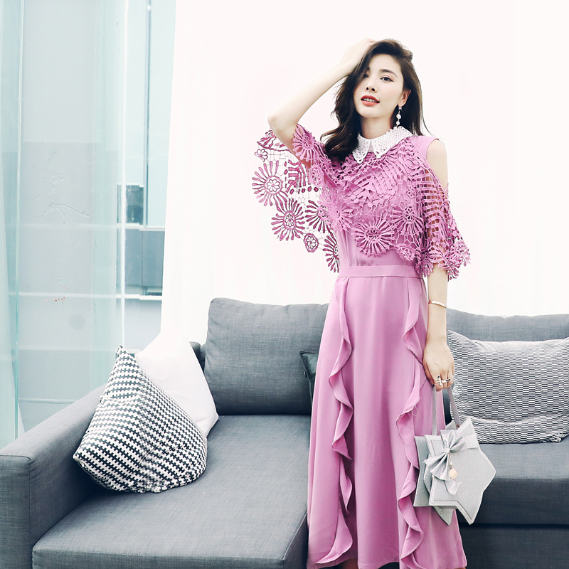 S秀甜美公主風2018夏季新款娃娃領純色蝴蝶結荷葉邊鏤空鉛筆裙