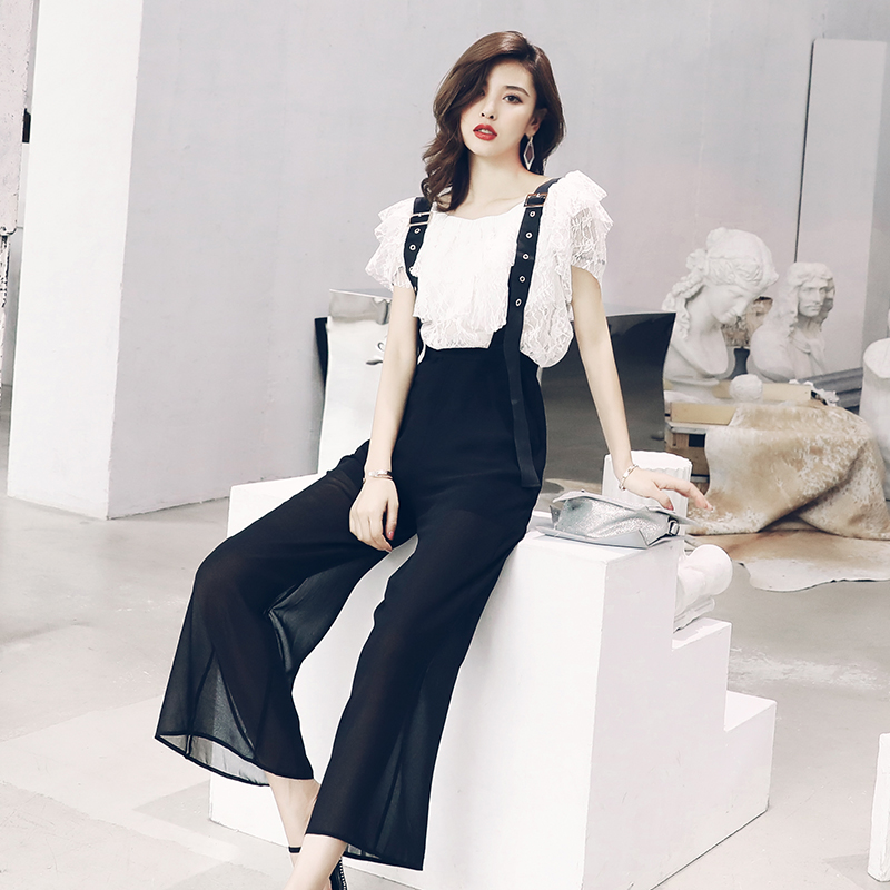 名媛氣質小心機一字領露肩上衣蕾絲衫時髦套裝女背帶闊腿褲兩件套