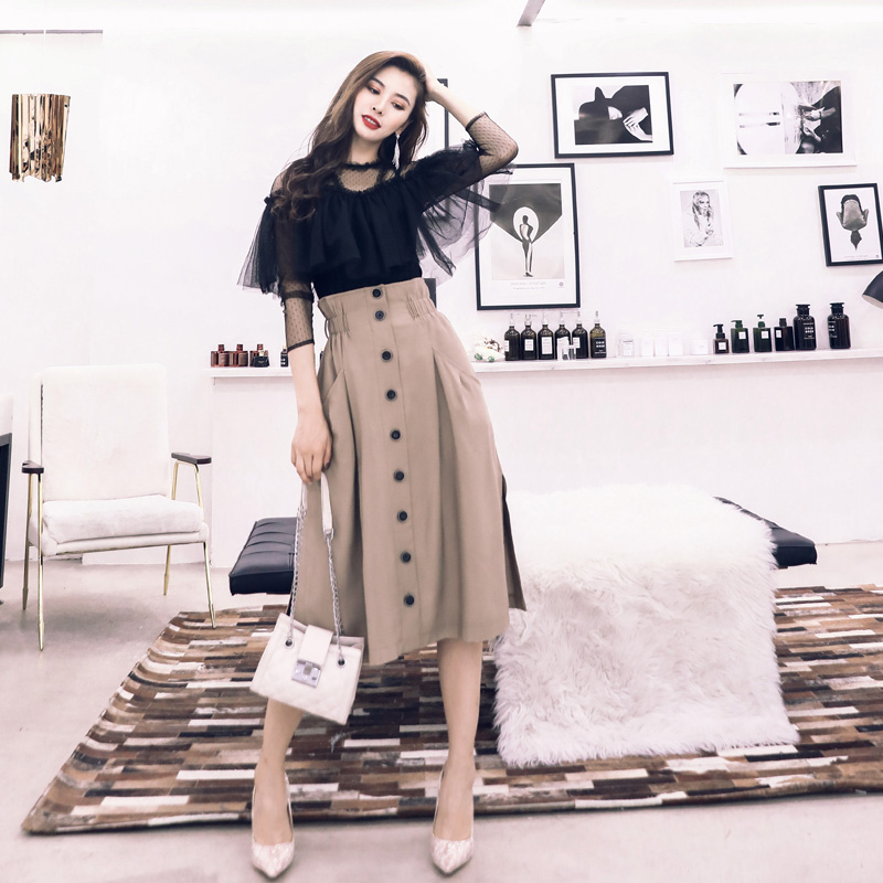 淑女網紅2018秋季新款氣質名媛蕾絲上衣時尚高腰半身裙兩件套裝女