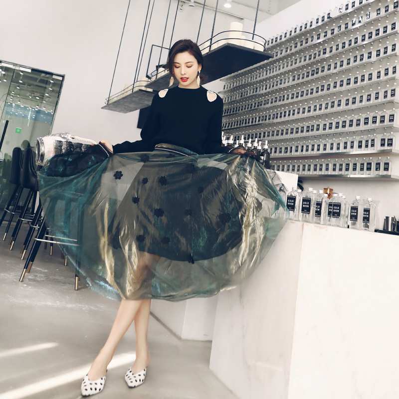 2018秋冬裝女新款韓版港味氣質長袖毛衣針織衫兩件套裝網紗連衣裙