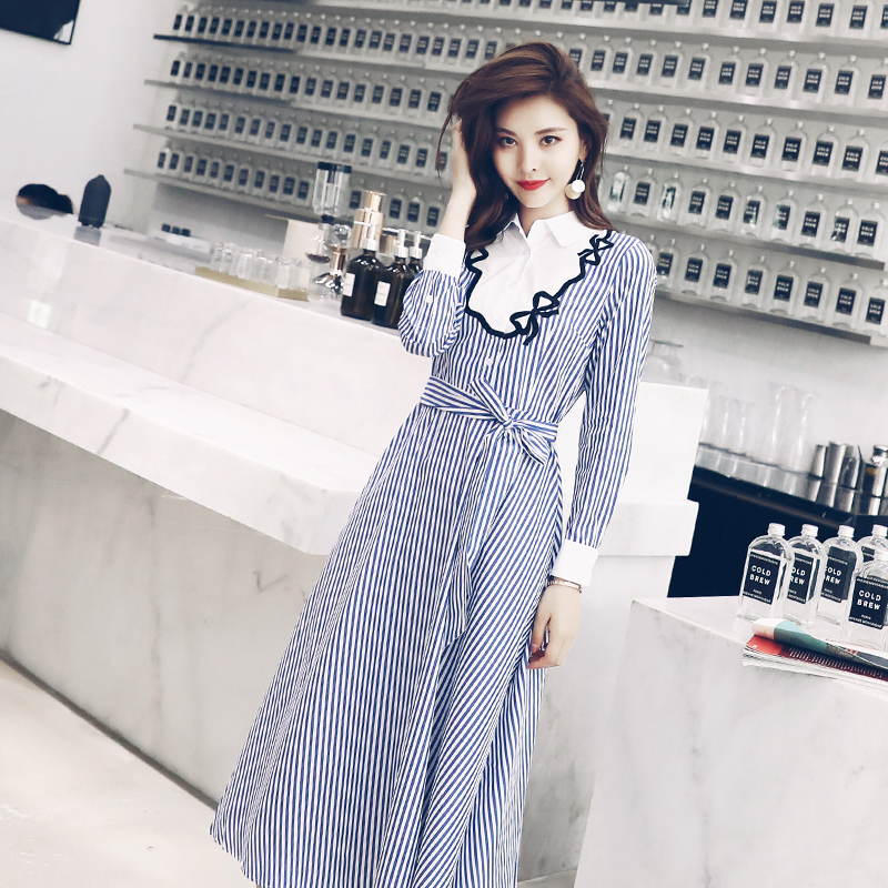 淑女名媛條紋連衣裙女夏裝2018新款中長款慵懶風氣質長袖襯衫裙子