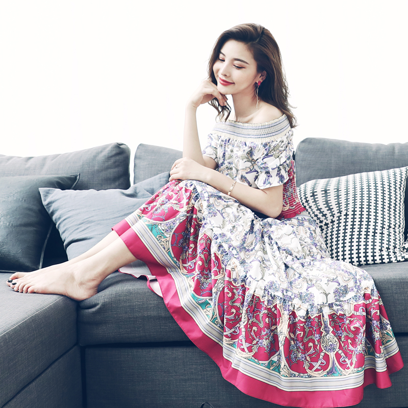 S秀2018夏季新款仙女氣質超仙短袖中長裙收腰顯瘦一字領碎花裙