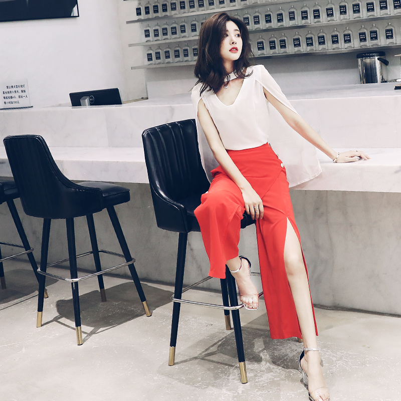 S秀淑女氣質2018夏新款斗篷上衣開叉九分闊腿褲套裝顯瘦兩件套潮