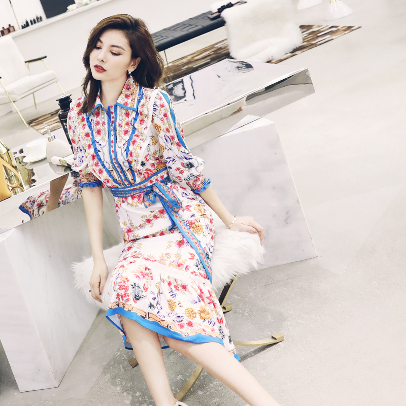 S秀2018夏季新款印花拼接連衣裙復古修身氣質中長款一步裙花瓣袖