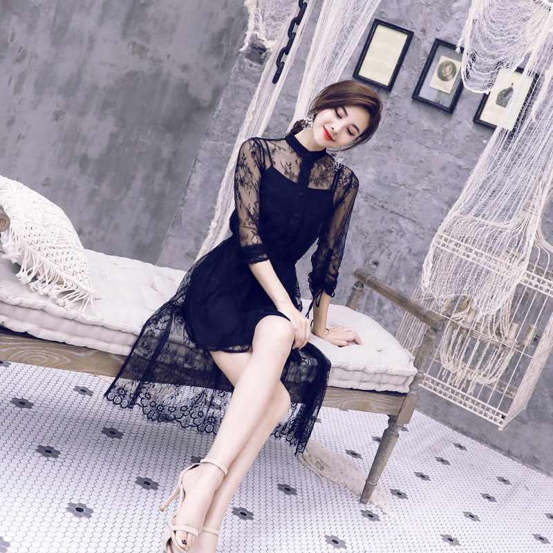 S秀2018秋夏新款韓版時尚顯瘦氣質鏤空蕾絲連衣裙女中長款裙子