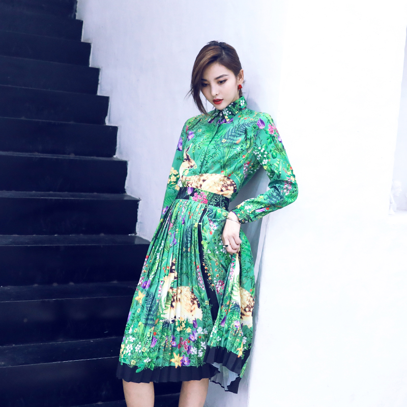 歐洲站優雅氣質時髦高腰顯瘦長袖上衣百褶半身裙兩件套時尚套裝潮