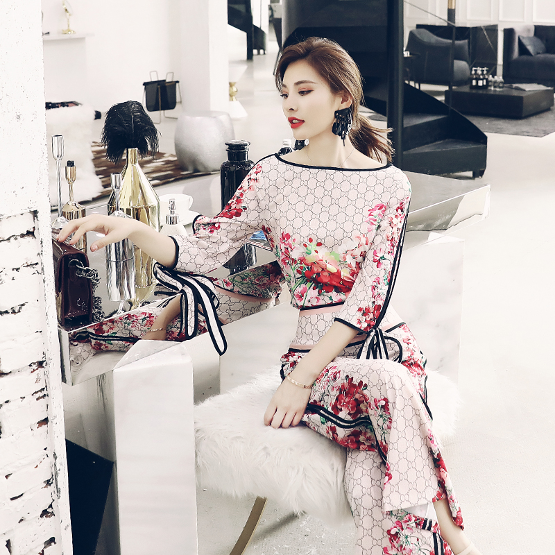 名媛氣質復古2018新款女夏顯瘦高腰闊腿褲七分袖上衣洋氣印花套裝