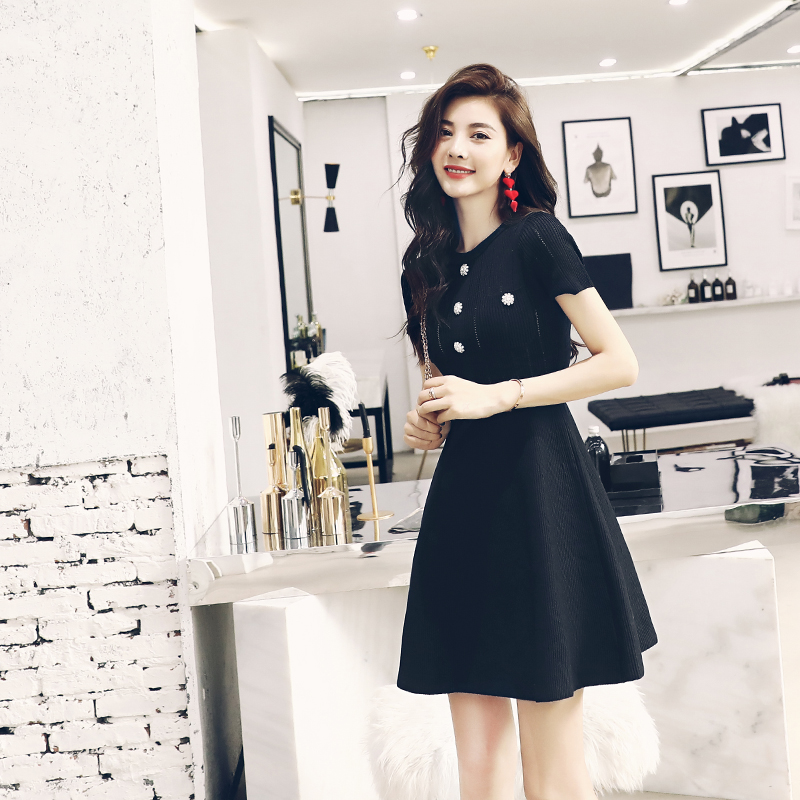 S秀名媛淑女裙子秋裝女2018新款針織短袖高腰顯瘦連衣裙短款潮