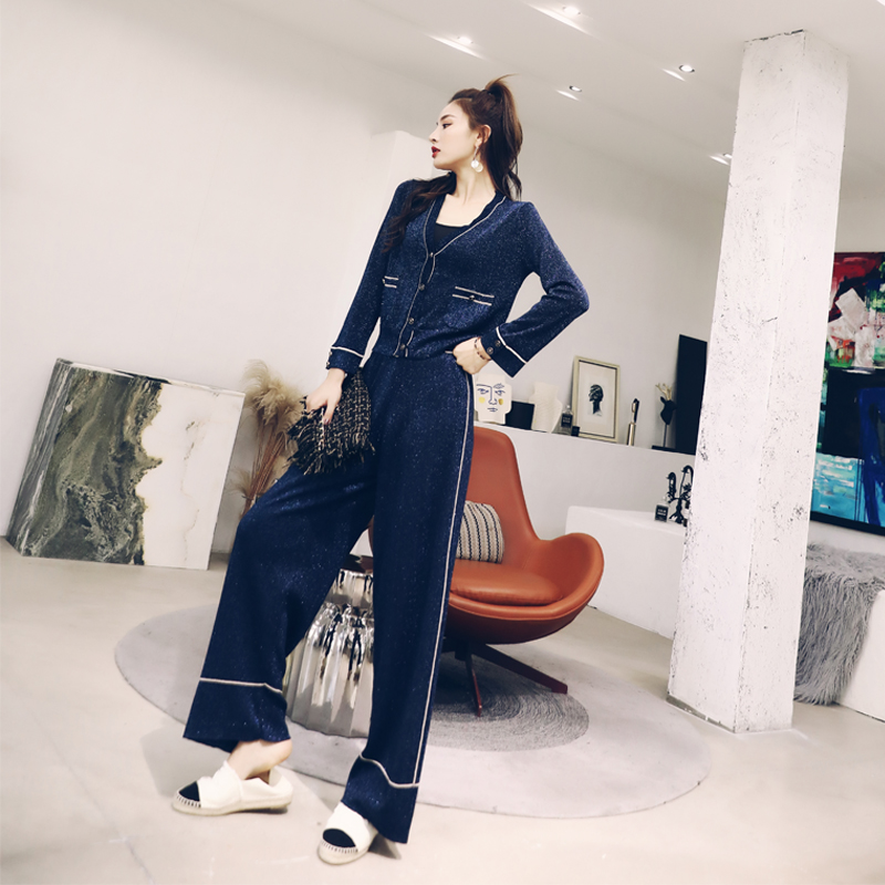 名媛慵懶風套裝時尚初秋季兩件套2018新款秋冬小香網紅針織闊腿褲