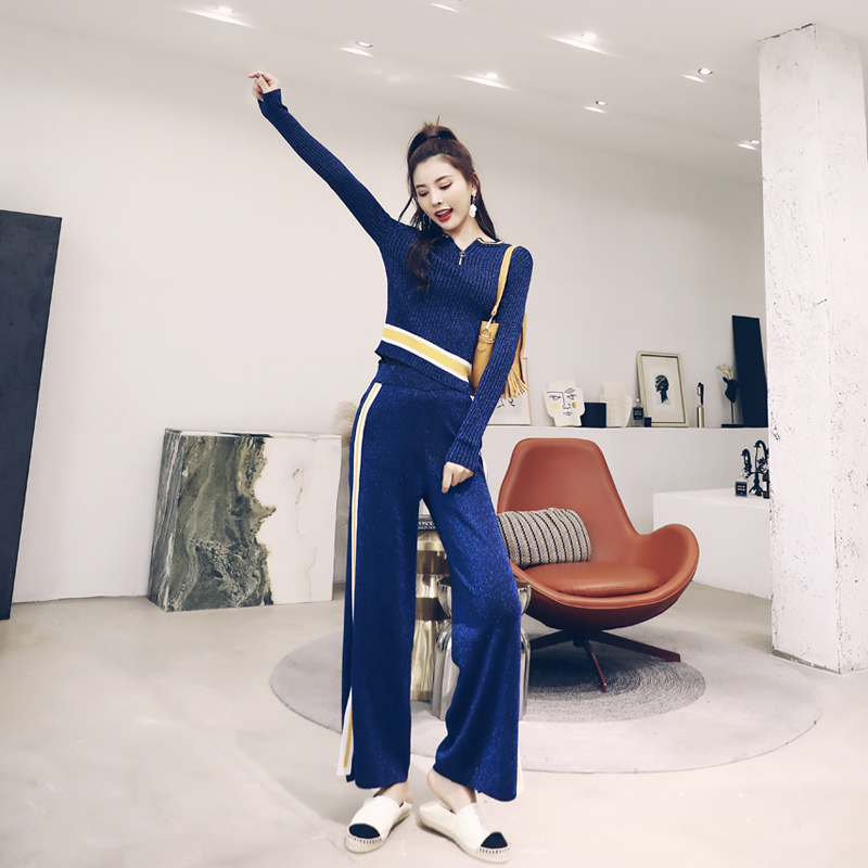 修身針織衫上衣長褲闊腿褲兩件套裝2018歐洲秋裝新款歐貨站潮女裝