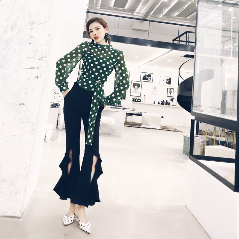 套裝褲女裝秋季2018新款韓版修身收腰波點長袖上衣開叉褲子兩件套