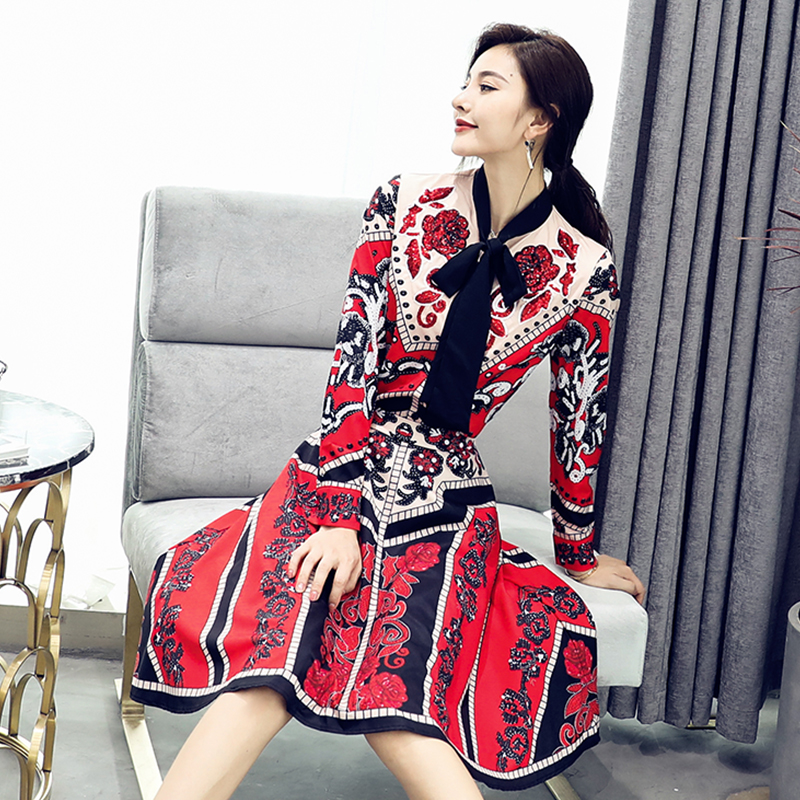 名媛氣質2018秋季新款女神范網紅復古時尚套裝亮片領結港味兩件套