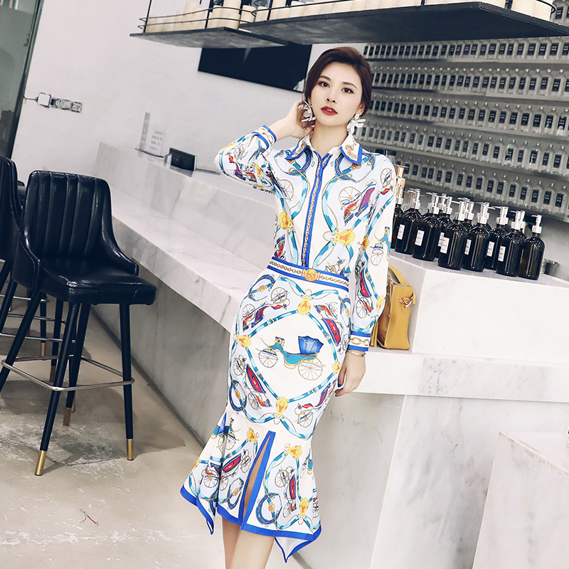 名媛2018秋季新品復古印花長袖襯衫顯瘦開叉魚尾半身裙兩件套裝女