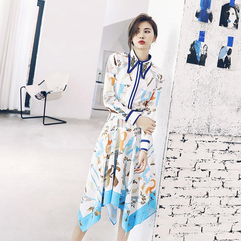 2018秋季新款印花收腰高端名媛氣質長袖襯衫上衣不規則半身裙套裝