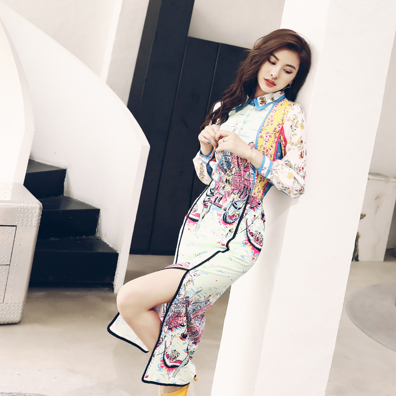名媛氣質女神復古印花女裝2018秋季新款襯衫裙子套裝半身裙兩件套