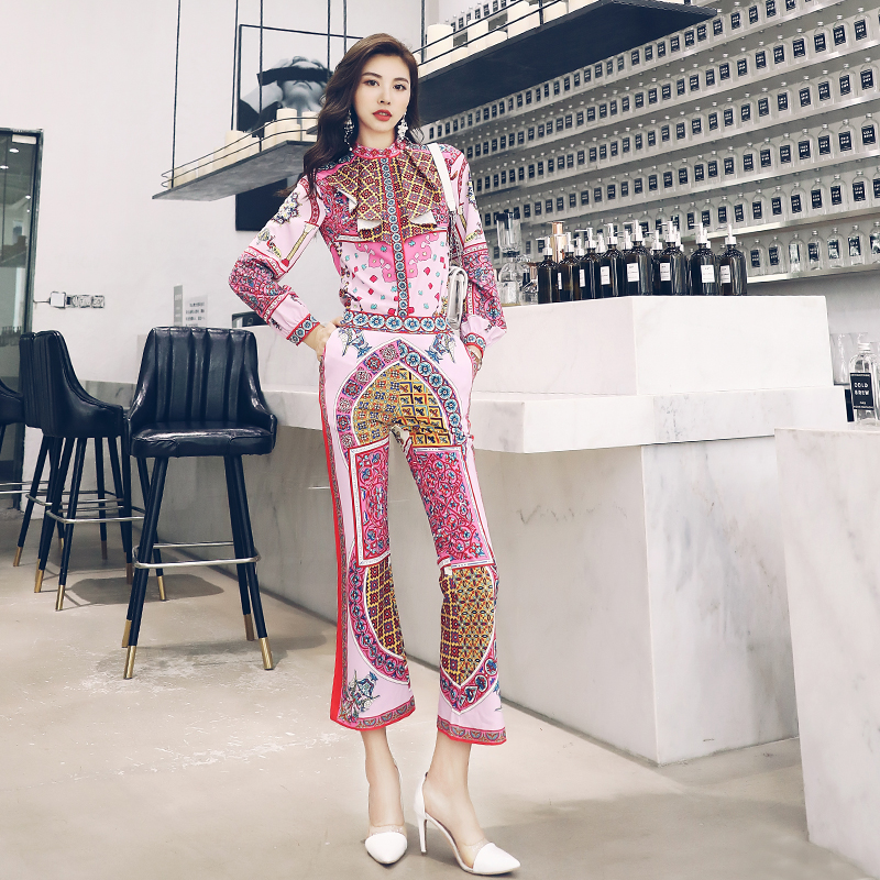 印花襯衫套裝女秋裝2018新款時尚氣質顯瘦垂感微喇褲復古港味兩件