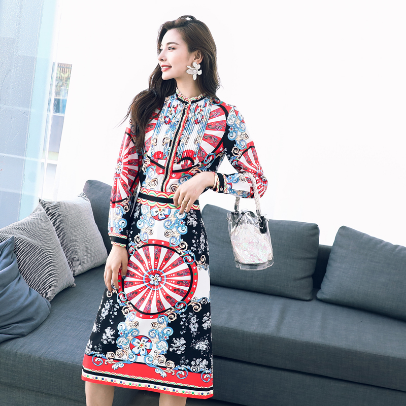 名媛氣質秋裝2018新款女裝氣質兩件套長袖襯衫印花裙子長裙套裝潮