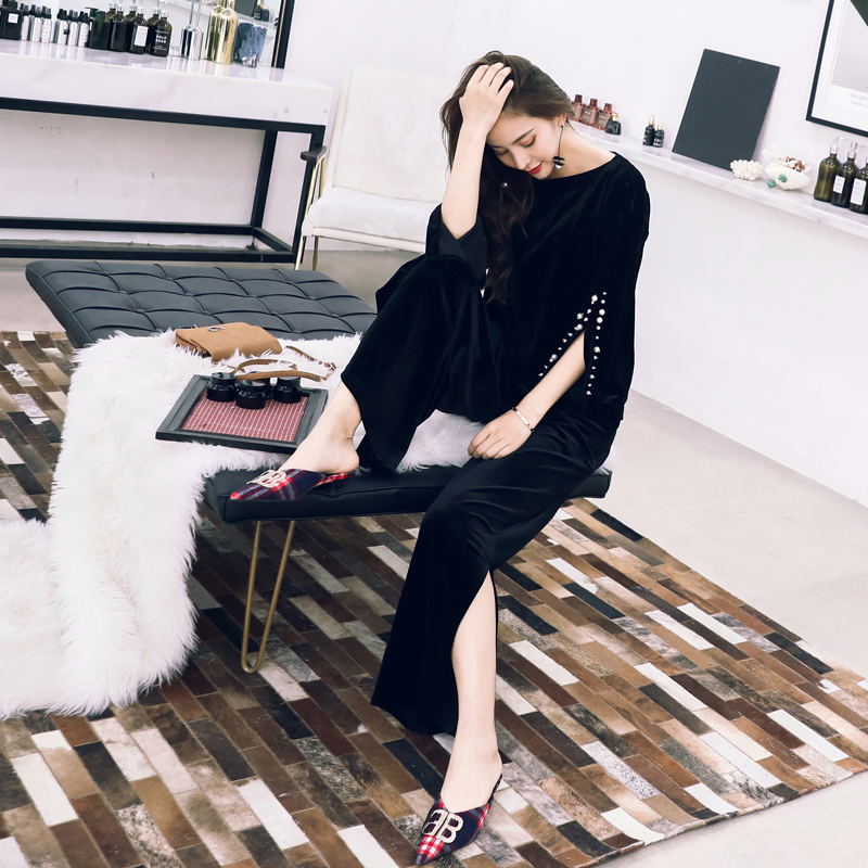 名媛休閑氣質寬松上衣歐洲站絲絨開叉闊腿褲兩件套收腰顯瘦套裝女