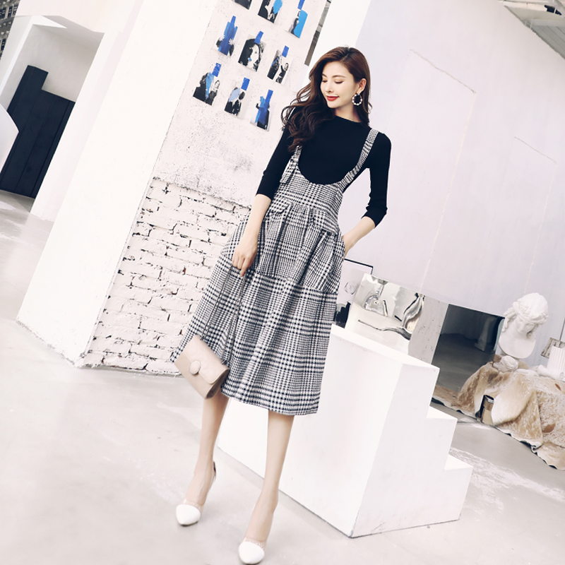名媛千鳥格兩件套女針織衫上衣套裝毛衣2018秋新款氣質背帶連衣裙