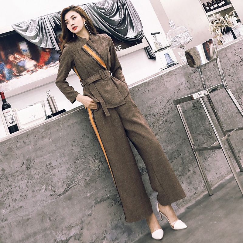歐洲站2018秋冬裝新款收腰時尚休閑長袖外套闊腿褲套裝洋氣兩件套
