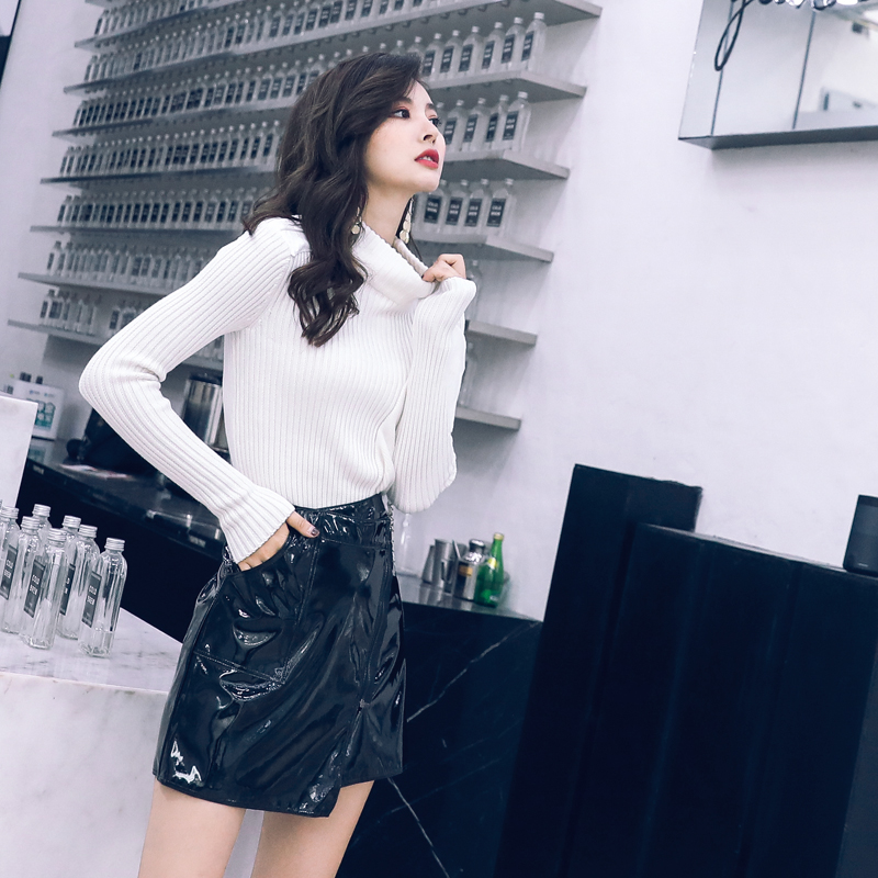 名媛氣質2018秋冬季女裝網紅女神時尚毛衣性感亮皮裙套裝女兩件套