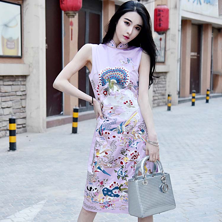 夏裝新品復古民族風重工刺繡繡花立領修身中長款連衣裙日常旗袍裙