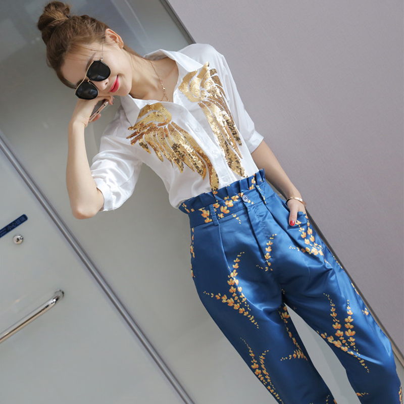 歐洲站2018新款夏女裝名媛時尚氣質套裝襯衫印花雪紡兩件套裝女