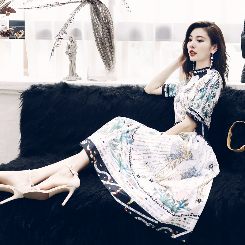 名媛修身印花收腰綁帶連衣裙女中長款夏裝新款2018超仙女神范中