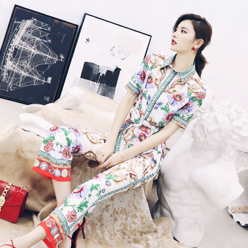 歐洲站2018夏季新款收腰短袖襯衫T恤微喇褲印花時尚套裝女兩件