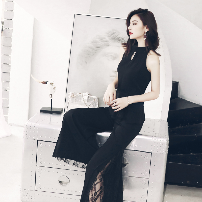 名媛氣質露肩掛脖上衣無袖背心高腰寬松蕾絲拼接闊腿褲氣質套裝女
