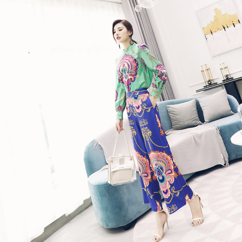 時尚秋裝套裝2018夏新款腰帶顯瘦復古闊腿褲港味印花網紅兩件套潮