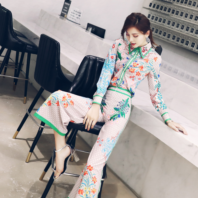 S秀名媛氣質復古2018新款女夏顯瘦高腰闊褲時尚洋氣印花兩件套裝