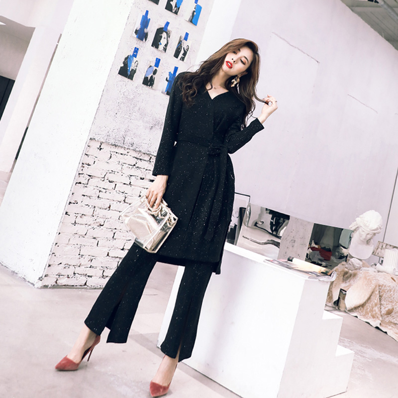 2018秋冬新款韓版長袖開衫休閑中長款收腰外套開叉長褲兩件套裝潮