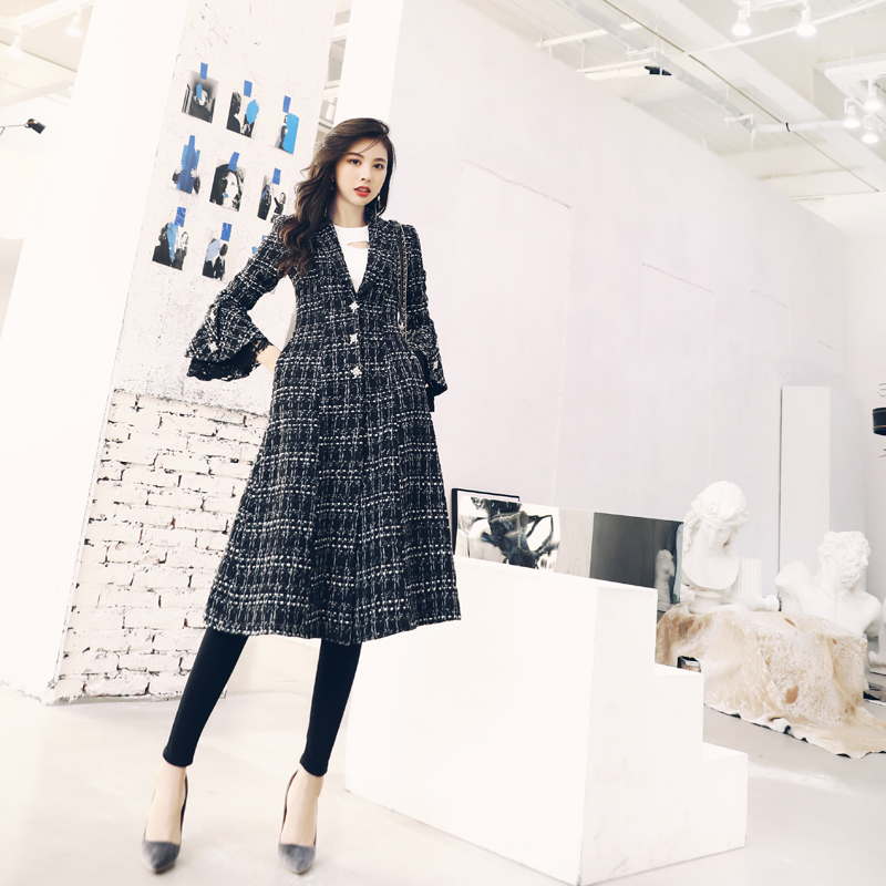 名媛氣質毛呢外套女長款過膝復古2018秋冬新款中長款格子呢大衣潮