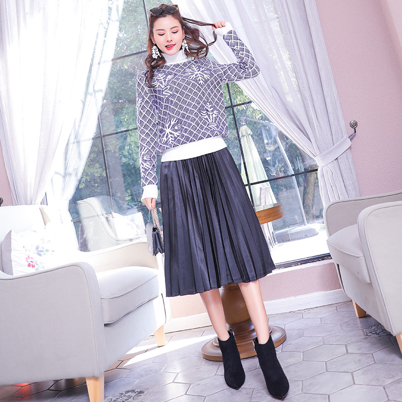 名媛氣質2018秋冬新款淑女裝高領針織衫毛衣絲絨褶皺半身裙套裝潮