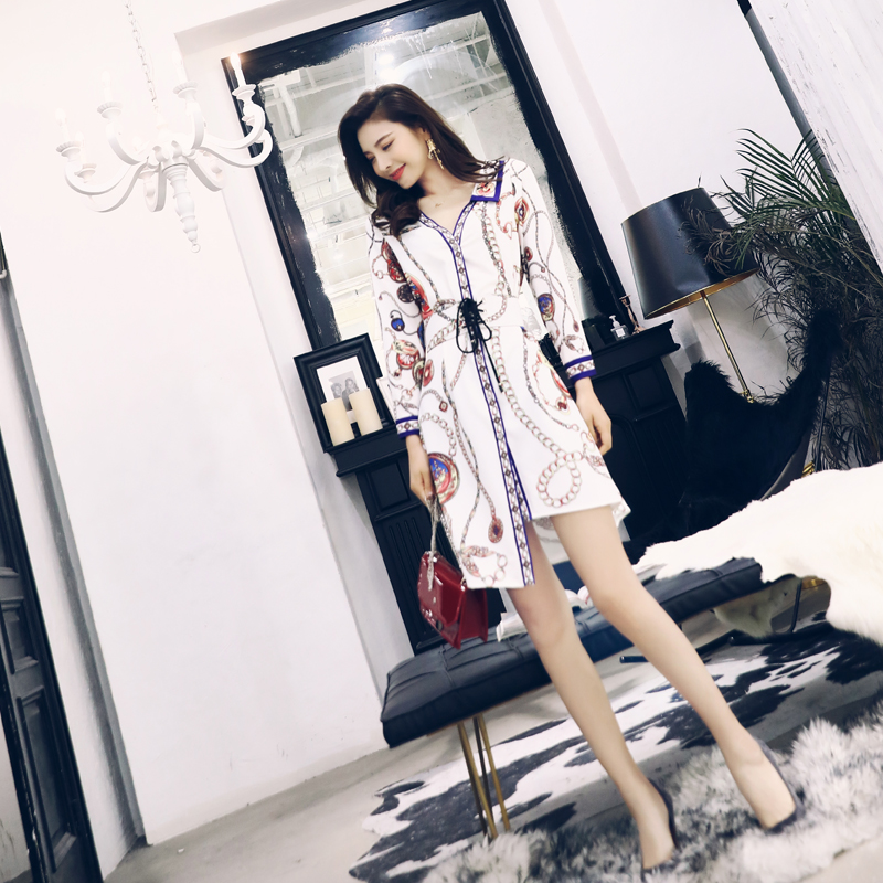 名媛2018秋冬新款女法式溫柔風復古印花襯衫不規則氣質連衣裙子潮