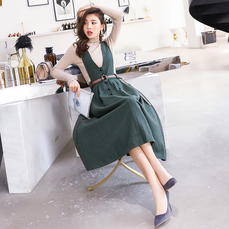 針織連衣裙秋裝女2018新款毛衣配背帶裙子兩件套裝秋冬季收腰長裙