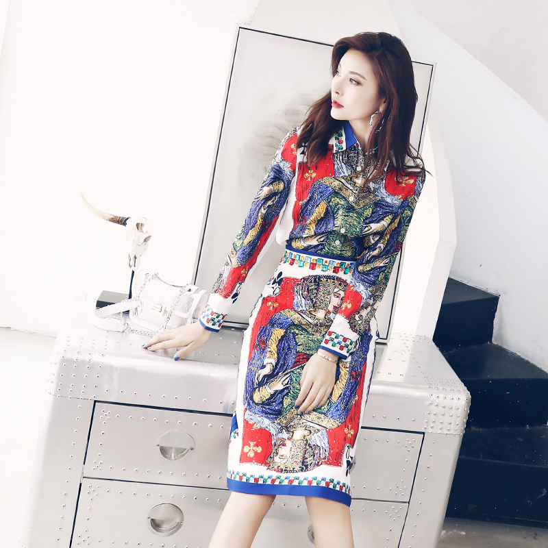 S秀復古套裝女秋2018新款時尚氣質修身顯瘦印花釘鉆半身裙兩件套