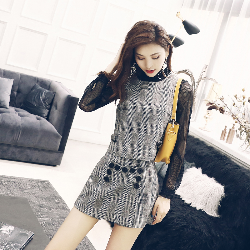 名媛氣質2018秋季新款格子套裝網紗打底衫上衣半身裙款短裙三件套