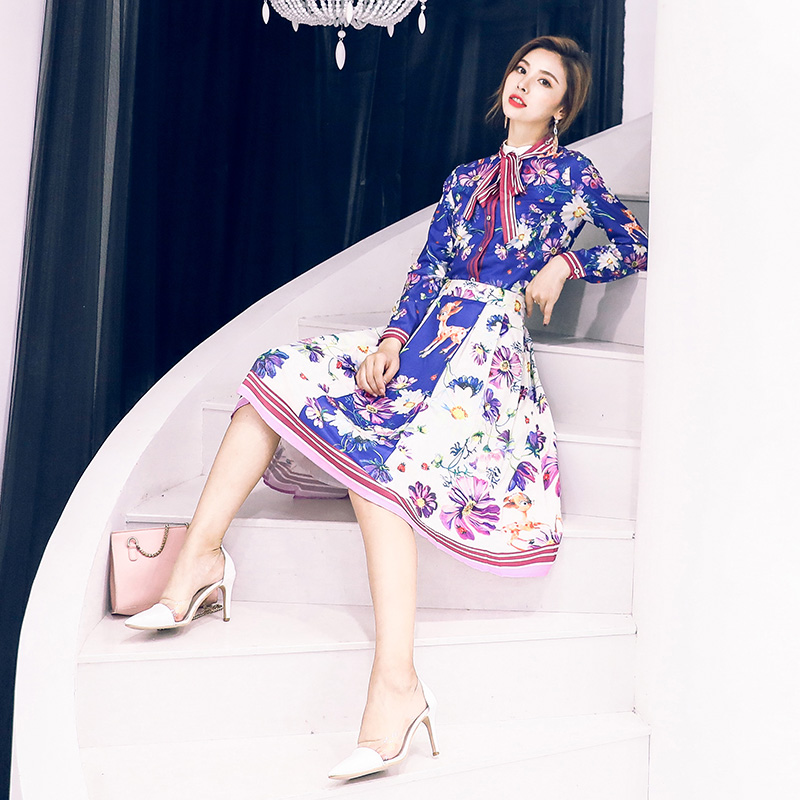 洋氣印花套裝女秋裝2018新款時尚氣質襯衫半身裙復古港味兩件套潮
