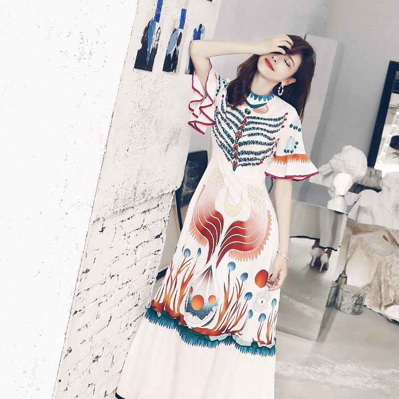 復古短袖夏秋季女2018新款民族釘鉆雪紡荷葉印花大擺長裙連衣裙子